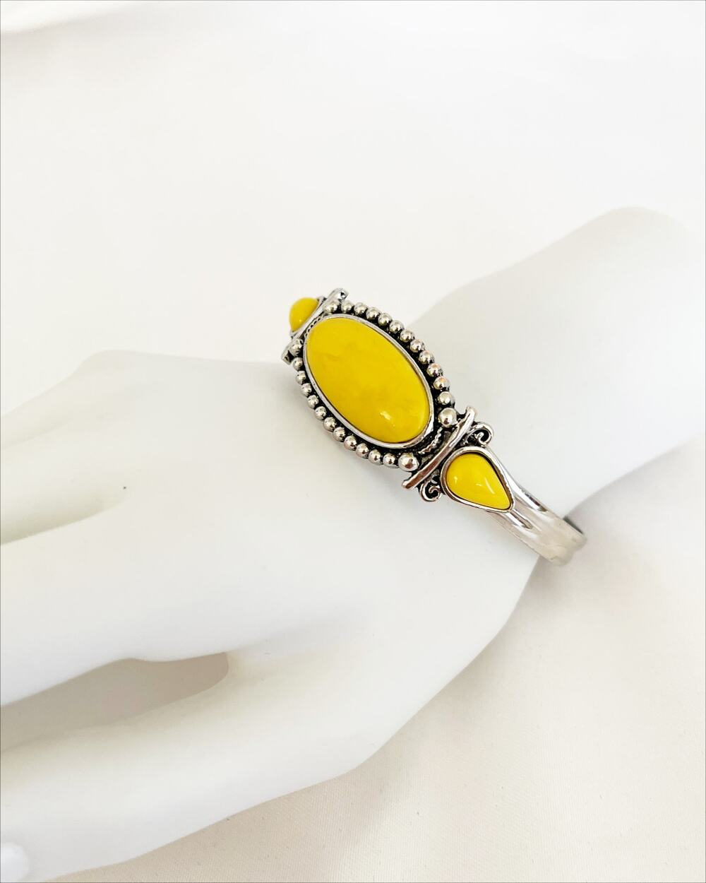 Paparazzi Tribal Trinket Bangle Bracelet Yellow Stones Bead Studded Silver Cuff
